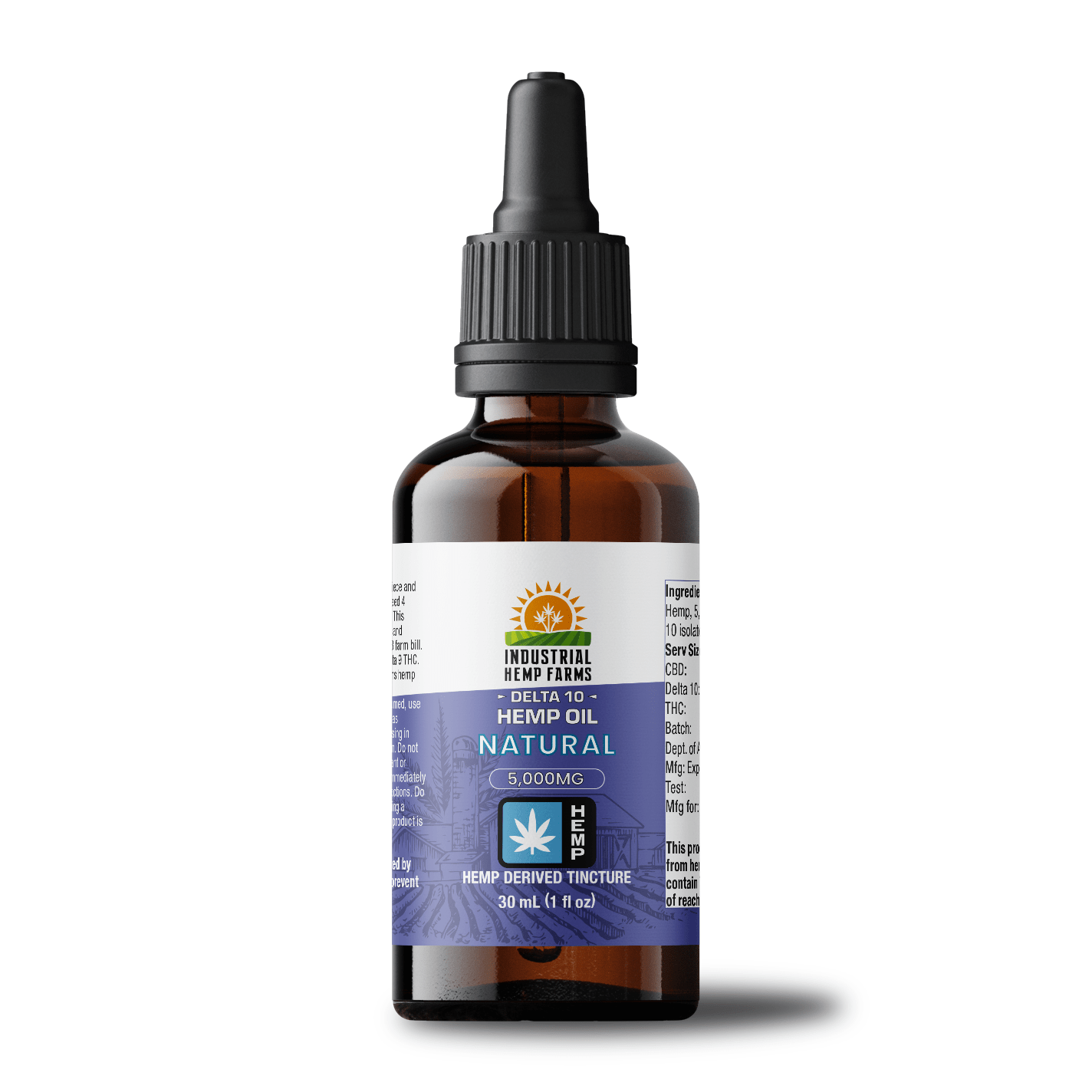 an image of an amber glass dropper bottle with a periwinkle label that reads 'delta 10 hemp oil: natural'