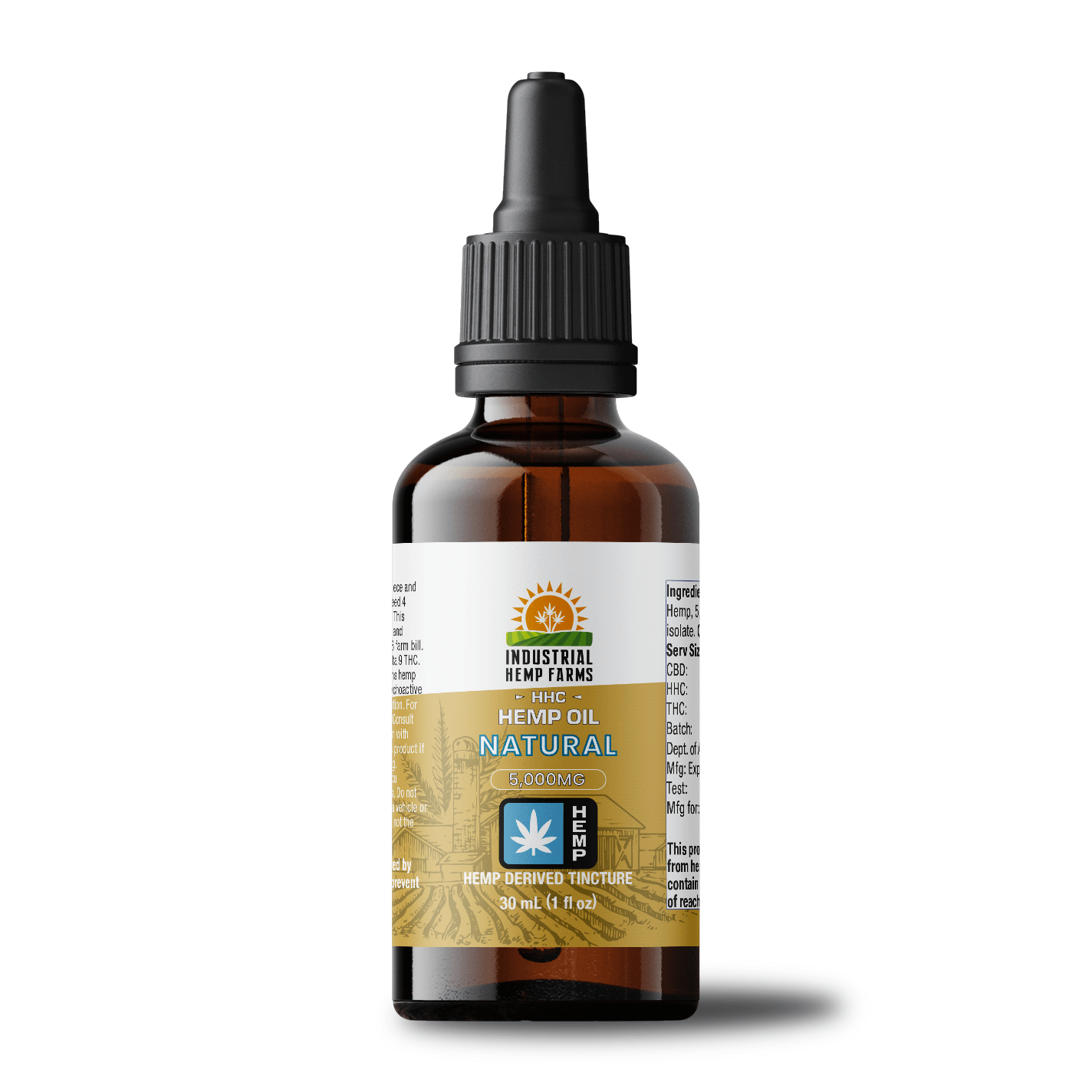 an amber glass dropper bottle with a yellow label that reads 'hhc hemp oil: natural'