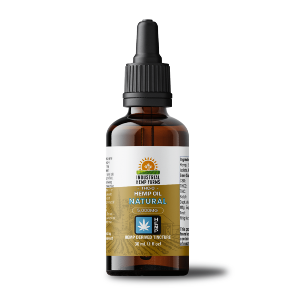 an amber glass dropper bottle with a dark yellow label that reads 'thc-o hemp oil; natural'